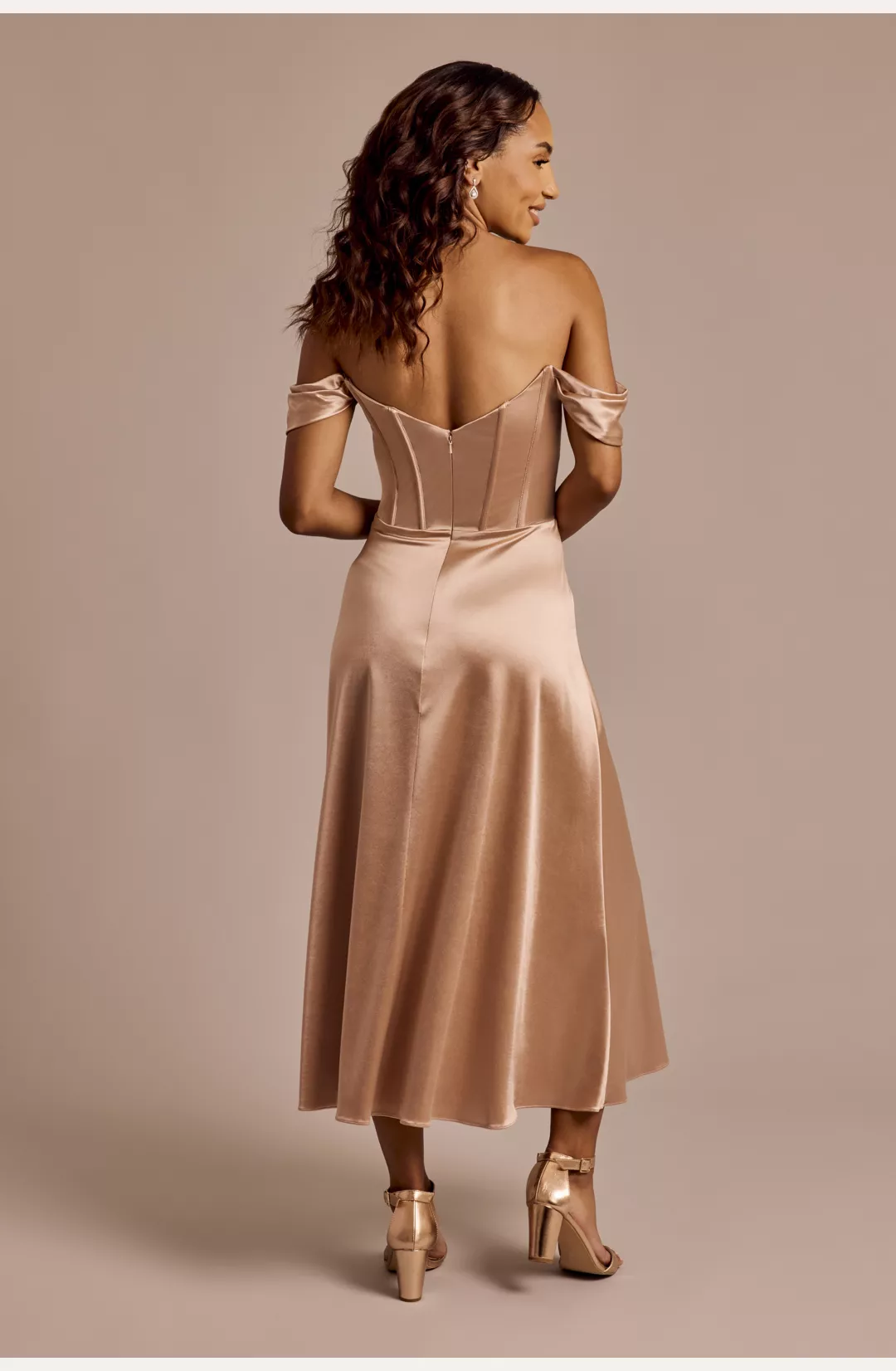 Off-the-Shoulder Sculpting Satin Midi Dress STYLE# F20791