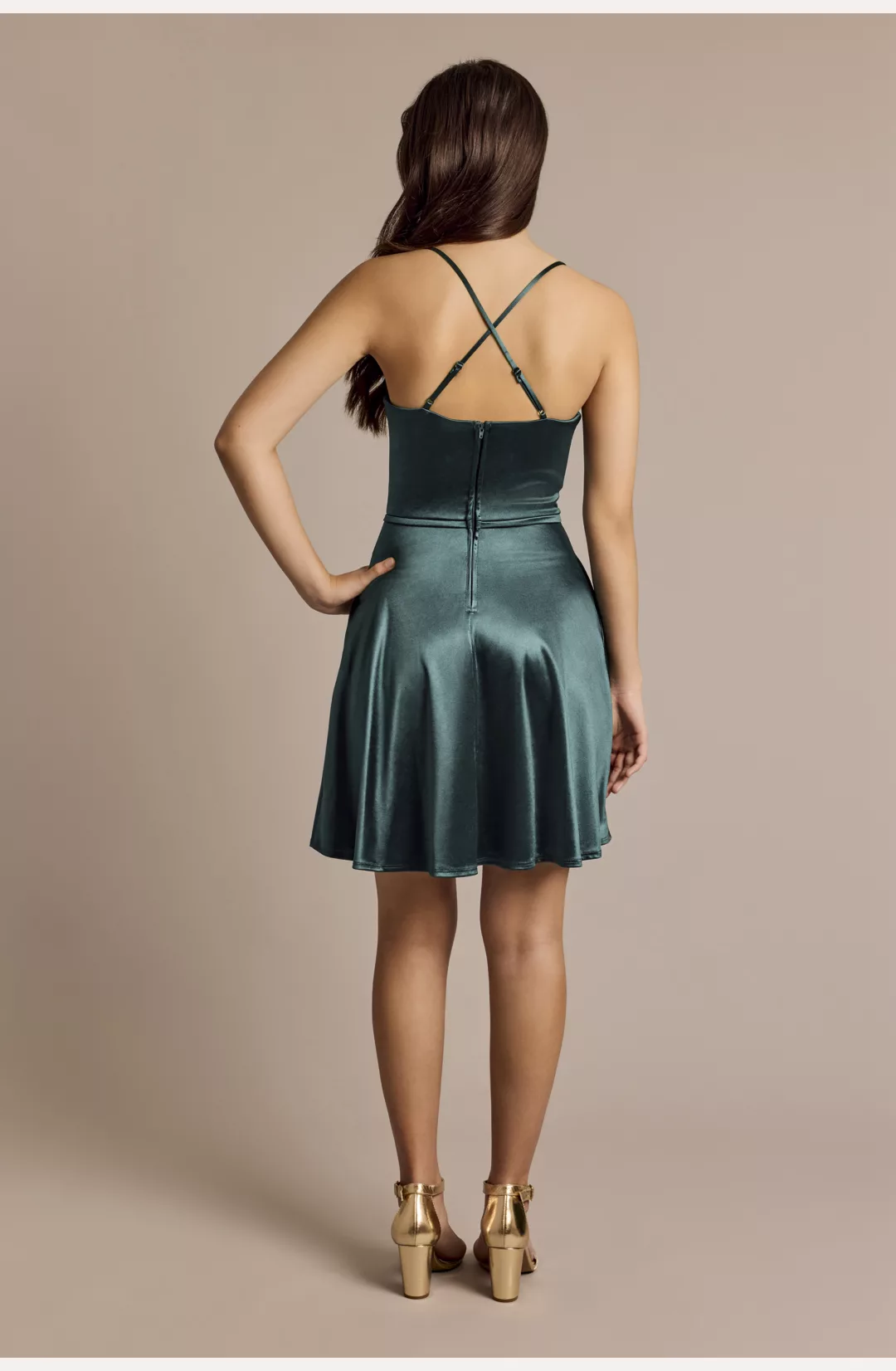 Cowl Neck Short Satin Skater Dress STYLE# GLI4310DB