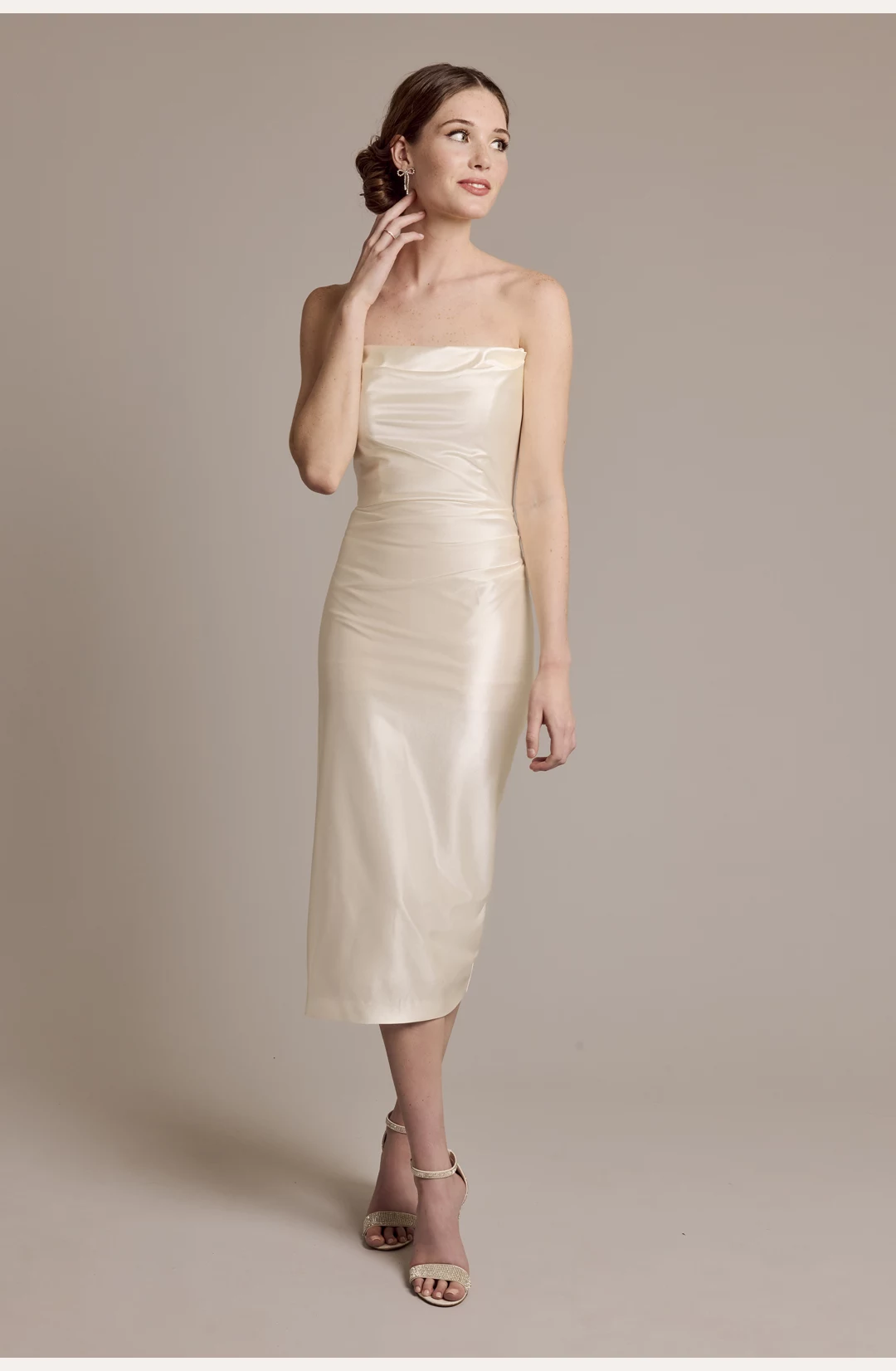 Sculpting Satin Midi Dress with Draped Bodice STYLE# SDWG1199