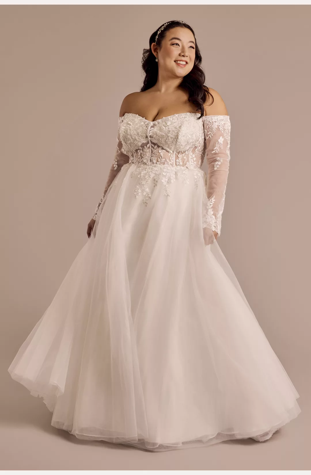 Off-the-Shoulder Long Sleeve Appliqued Ball Gown STYLE# SDWG1230