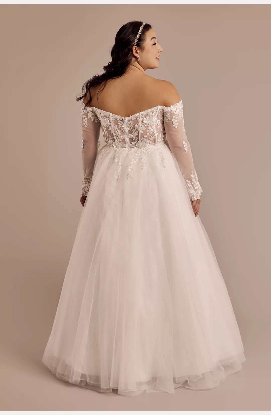 Off-the-Shoulder Long Sleeve Appliqued Ball Gown STYLE# SDWG1230