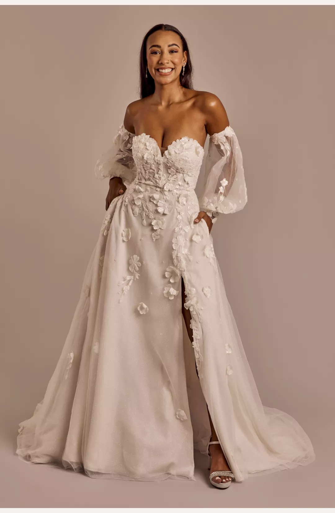 Off-the-Shoulder Long Billow Sleeve Wedding Dress STYLE# SLMS251276