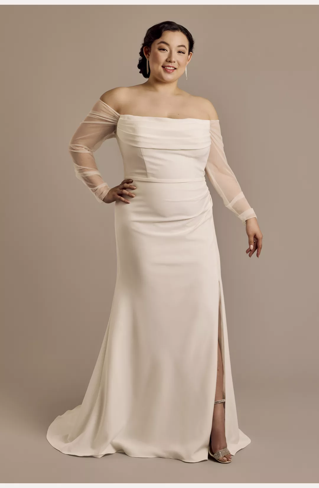 Stretch Crepe Cowl Long-Sleeve Wedding Dress STYLE# SLWG4120