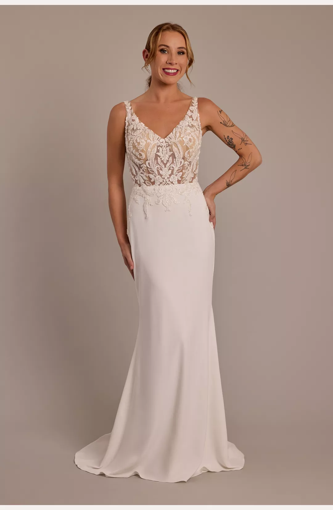 Illusion Lace Bodice Crepe Tank Wedding Dress STYLE# SWG983